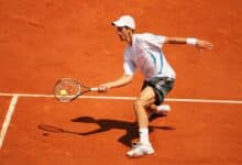 Novak Djokovic of Serbia and Montenegro in action against Rafael Nadal of Spain during day eleven of the French Open at Roland Garros