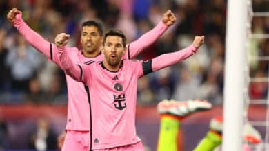 Luis Suárez #9 and Lionel Messi #10 of Inter Miami celebrate the goal of Benjamin Cremaschi #30 during the second half in the game against the New England Revolution at Gillette Stadium on April 27, 2024 in Foxborough, Massachusetts.