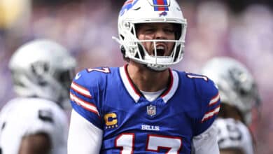 ORCHARD PARK, NY - SEPTEMBER 17: Josh Allen #17 of the Buffalo Bills celebrates after a play during the second quarter of an NFL football game against the Las Vegas Raiders at Highmark Stadium on September 17, 2023 in Orchard Park, New York.