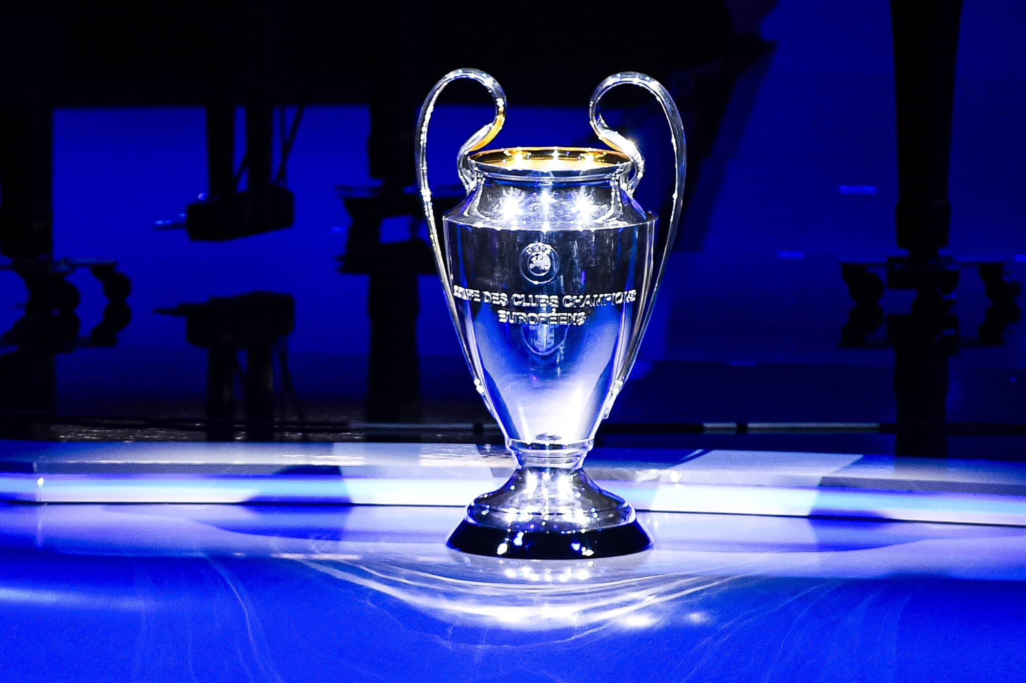 The UEFA Champions League trophy is displayed at main stage of Grimaldi Forum prior UEFA Champions League.