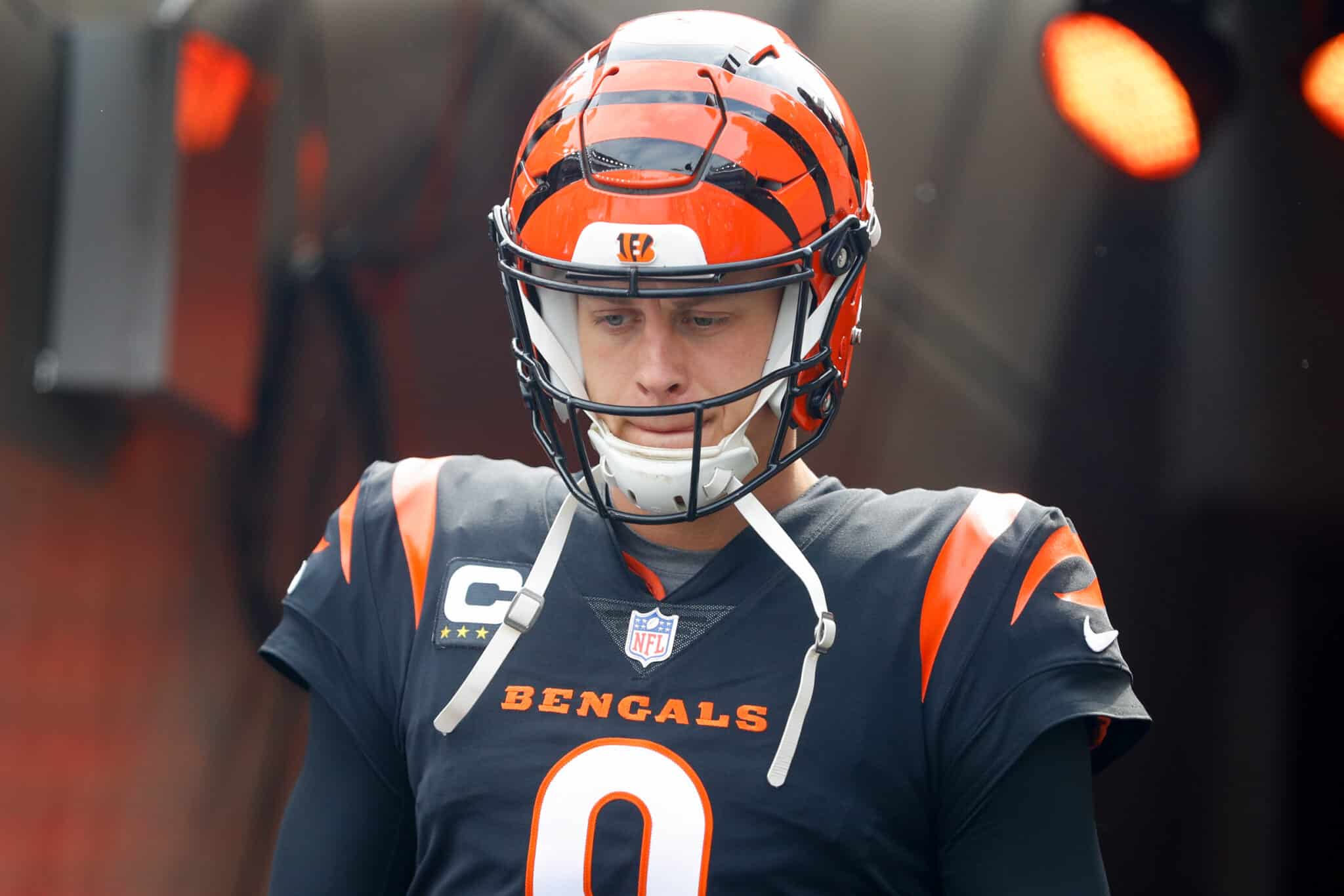 CINCINNATI, OH - SEPTEMBER 17: Cincinnati Bengals quarterback Joe Burrow (9) is introduced before the game against the Baltimore Ravens and the Cincinnati Bengals on September 17, 2023, at Paycor Stadium in Cincinnati, OH.