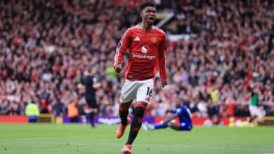 MANCHESTER, ENGLAND - DECEMBER 1: Amad Diallo of Manchester United celebrates their 2nd goal during the Premier League match between Manchester United FC and Everton FC at Old Trafford on December 1, 2024 in Manchester, England.