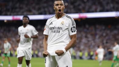Kylian Mbappe of Real Madrid celebrates after scoring a goal during the La Liga match between Real Madrid CF and Real Betis.