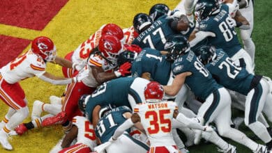 NEW ORLEANS, LA - FEBRUARY 09: QB Jalen Hurts #1 of the Philadelphia Eagles gets a tush push for a touchdown during Super Bowl LIX between the Kansas City Chiefs and the Philadelphia Eagles on Sunday February 9, 2025 at the Caesars Superdome in New Orleans, LA.