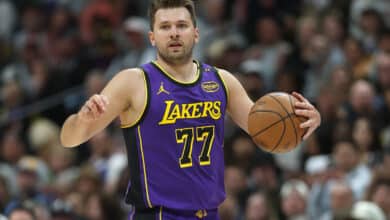DENVER, COLORADO - FEBRUARY 22: Luka Doncic #77 of the Los Angeles Lakers plays the Denver Nuggets in the first quarter at Ball Arena on February 22, 2025 in Denver, Colorado. NOTE TO USER: User expressly acknowledges and agrees that, by downloading and or using this photograph, User is consenting to the terms and conditions of the Getty Images License Agreement.
