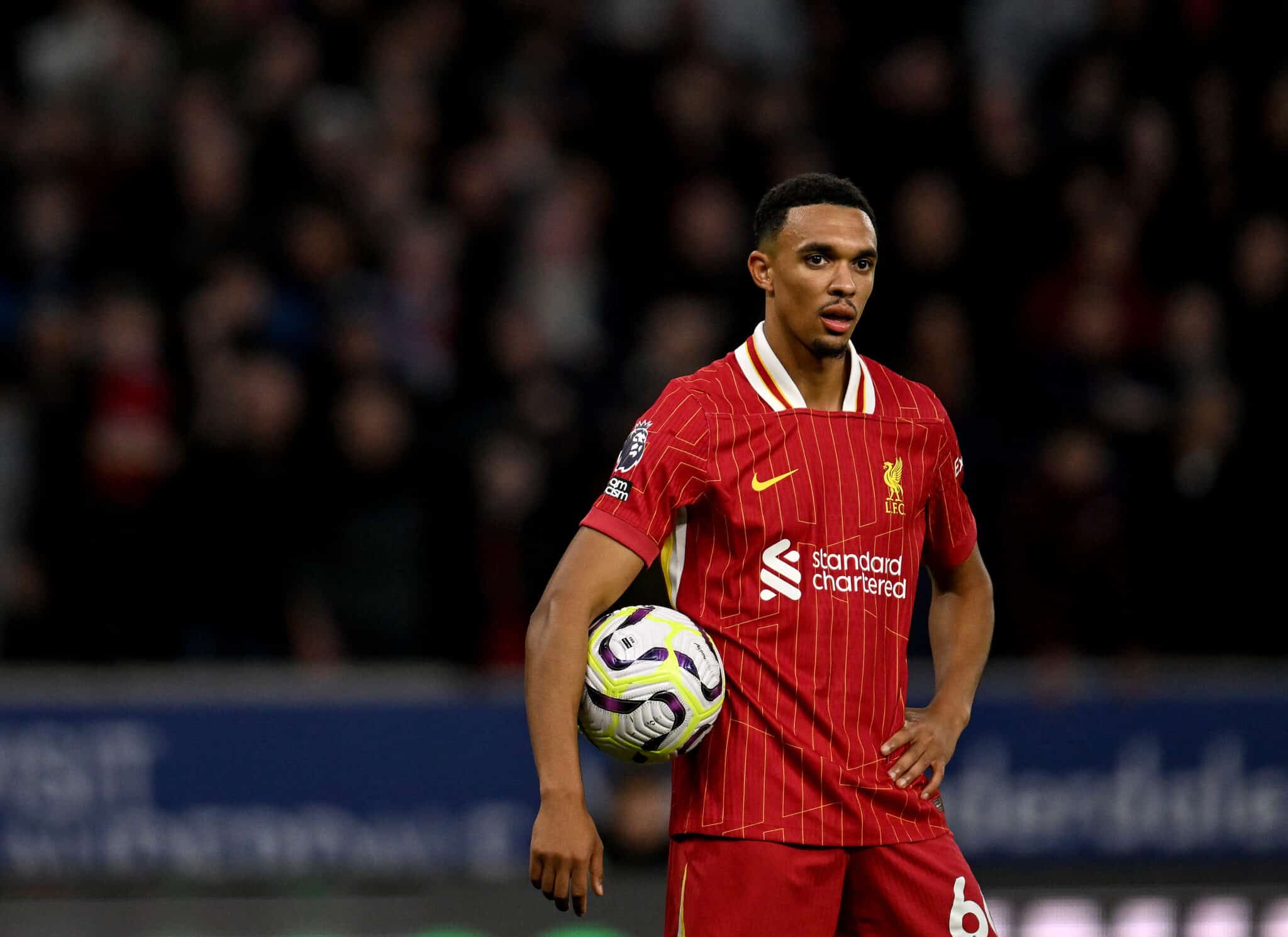 Trent Alexander-Arnold of Liverpool during the Premier League match between Wolverhampton Wanderers FC and Liverpool FC at Molineux on September 28, 2024 in Wolverhampton, England.