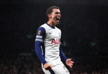 Brennan Johnson of Tottenham Hotspur celebrates scoring the first goal during the UEFA Europa League 2024/25
