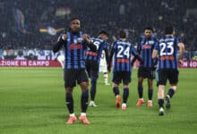 Ademola Lookman of Atalanta celebrates after scoring the his teams second goal during the Serie A match between Atalanta and AC Milan