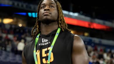 INDIANAPOLIS, INDIANA - MARCH 1: Ashton Jeanty #RB15 of Boise State stands on the field during the NFL Scouting Combine at Lucas Oil Stadium on March 1, 2025 in Indianapolis, Indiana.