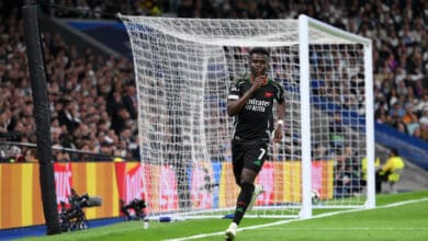MADRID, SPAIN - APRIL 16: Bukayo Saka of Arsenal celebrates scoring his team's first goal during the UEFA Champions League 2024/25 Quarter Final Second Leg match between Real Madrid C.F. and Arsenal FC at Estadio Santiago Bernabeu on April 16, 2025 in Madrid, Spain.