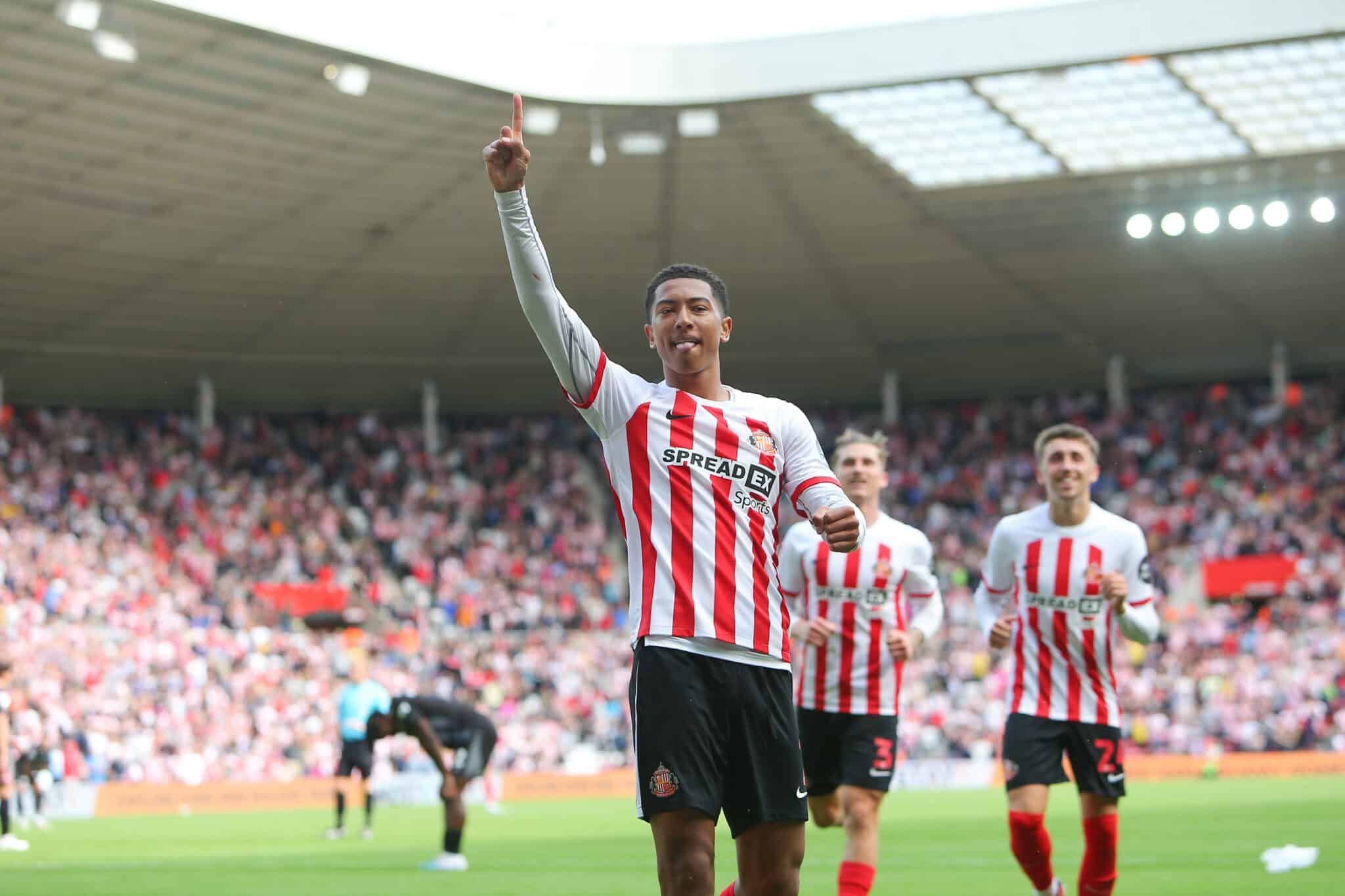 Sunderland's Jobe Bellingham celebrates his second goal during the Sky Bet Championship match between Sunderland and Rotherham United at the Stadium Of Light, Sunderland on Saturday 19th August 2023.