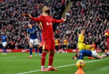 Mohamed Salah of Liverpool celebrates scoring his team's second goal during the Premier League match between Liverpool FC and Ipswich Town FC