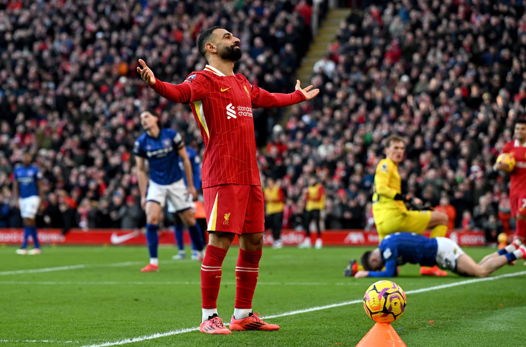 Mohamed Salah of Liverpool celebrates scoring his team's second goal during the Premier League match between Liverpool FC and Ipswich Town FC