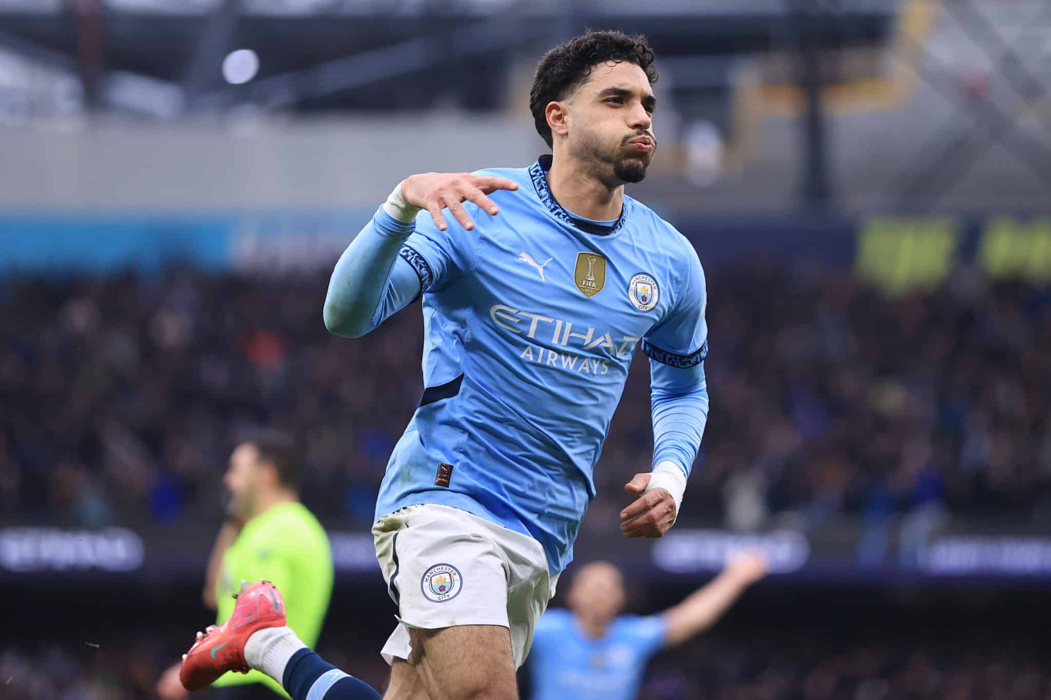 Omar Marmoush of Manchester City celebrates after scoring their 2nd goal during the Premier League match between Manchester City FC and Newcastle United FC