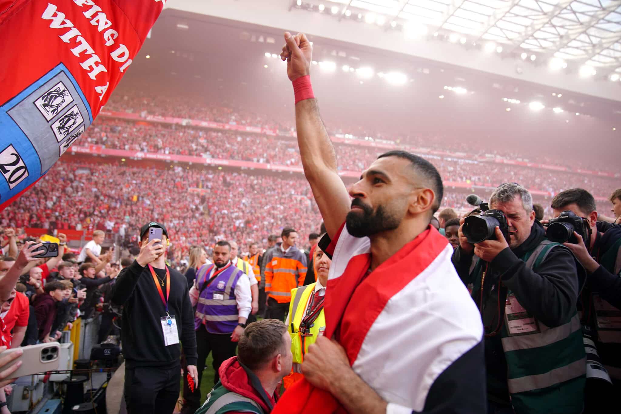 Liverpool's Mohamed Salah celebrates victory and the Premier League title following the Premier League match at Anfield, Liverpool. Picture date: Sunday April 27, 2025.