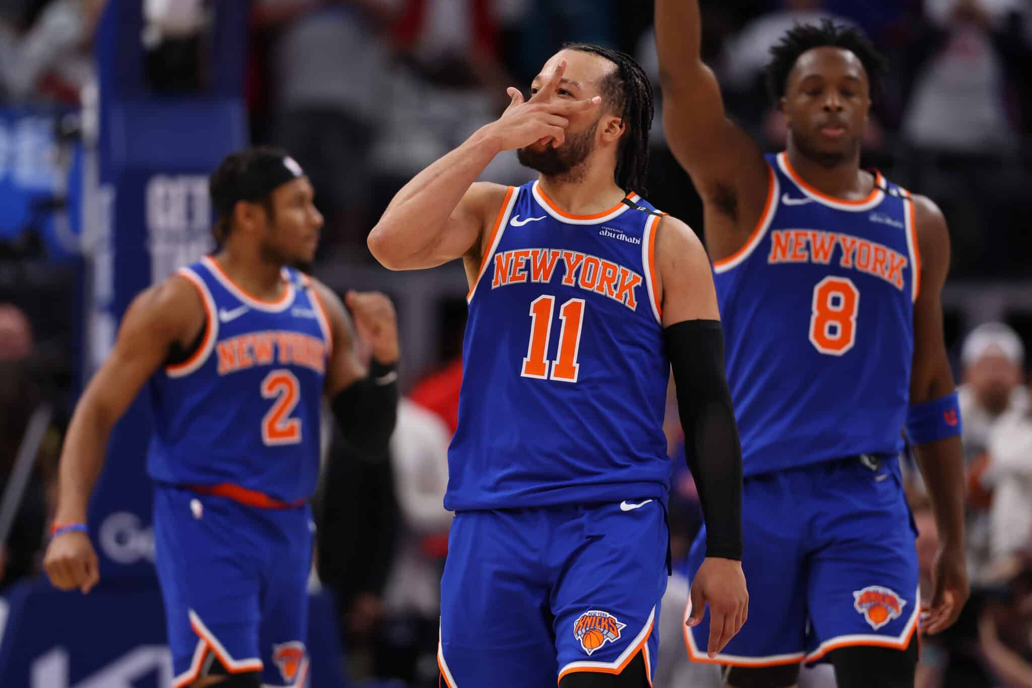 Jalen Brunson #11 of the New York Knicks celebrates after making a three-point basket late during the fourth quarter against the Detroit Pistons in Game Six of the Eastern Conference First Round NBA Playoffs at Little Caesars Arena on May 01, 2025 in Detroit, Michigan. NOTE TO USER: User expressly acknowledges and agrees that, by downloading and or using this photograph, User is consenting to the terms and conditions of the Getty Images License Agreement.