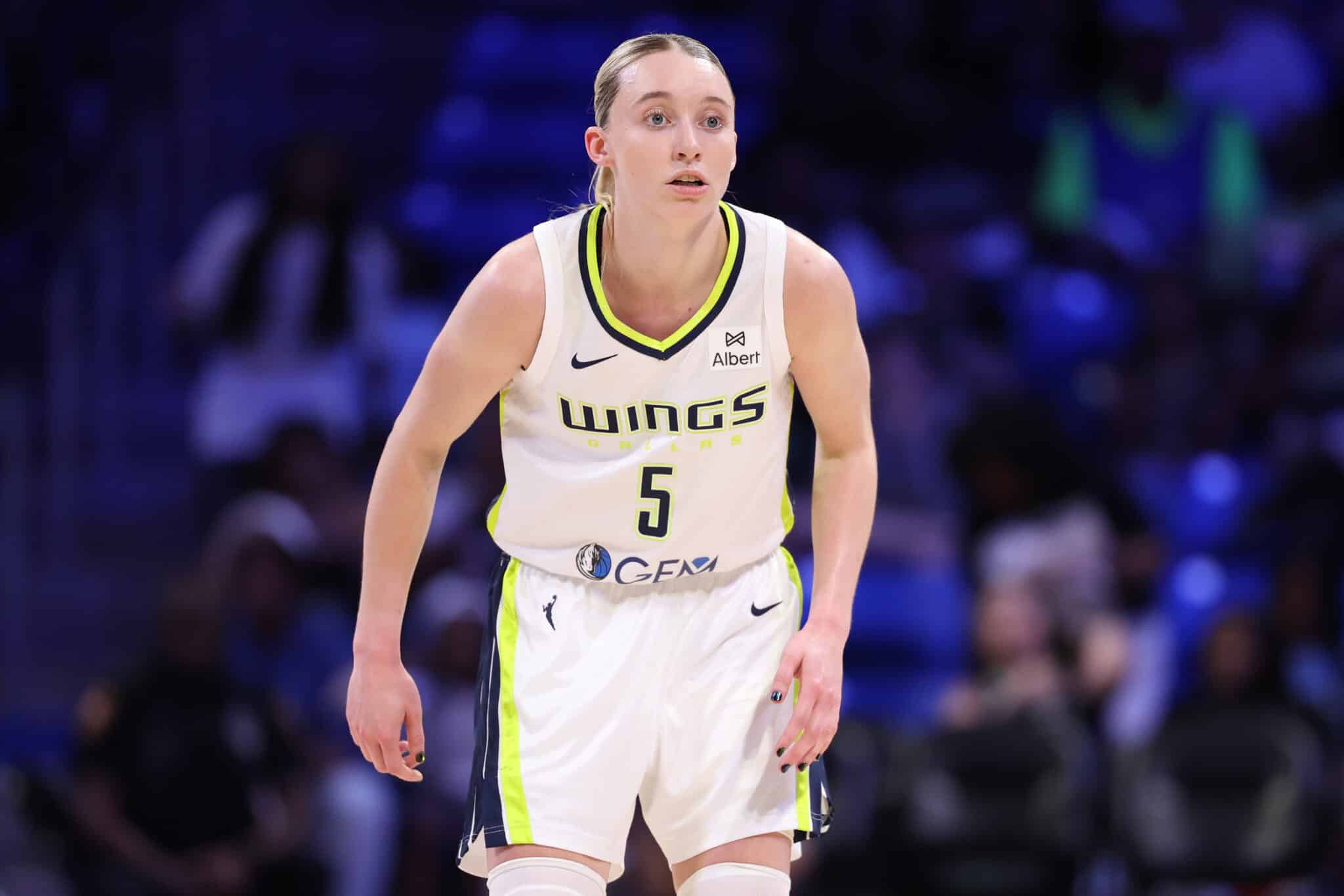 ARLINGTON, TEXAS - MAY 10: Paige Bueckers #5 of the Dallas Wings looks on during the second half of a preseason game against the Toyota Antelopes at College Park Center on May 10, 2025 in Arlington, Texas. NOTE TO USER: User expressly acknowledges and agrees that, by downloading and or using this photograph, User is consenting to the terms and conditions of the Getty Images License Agreement.