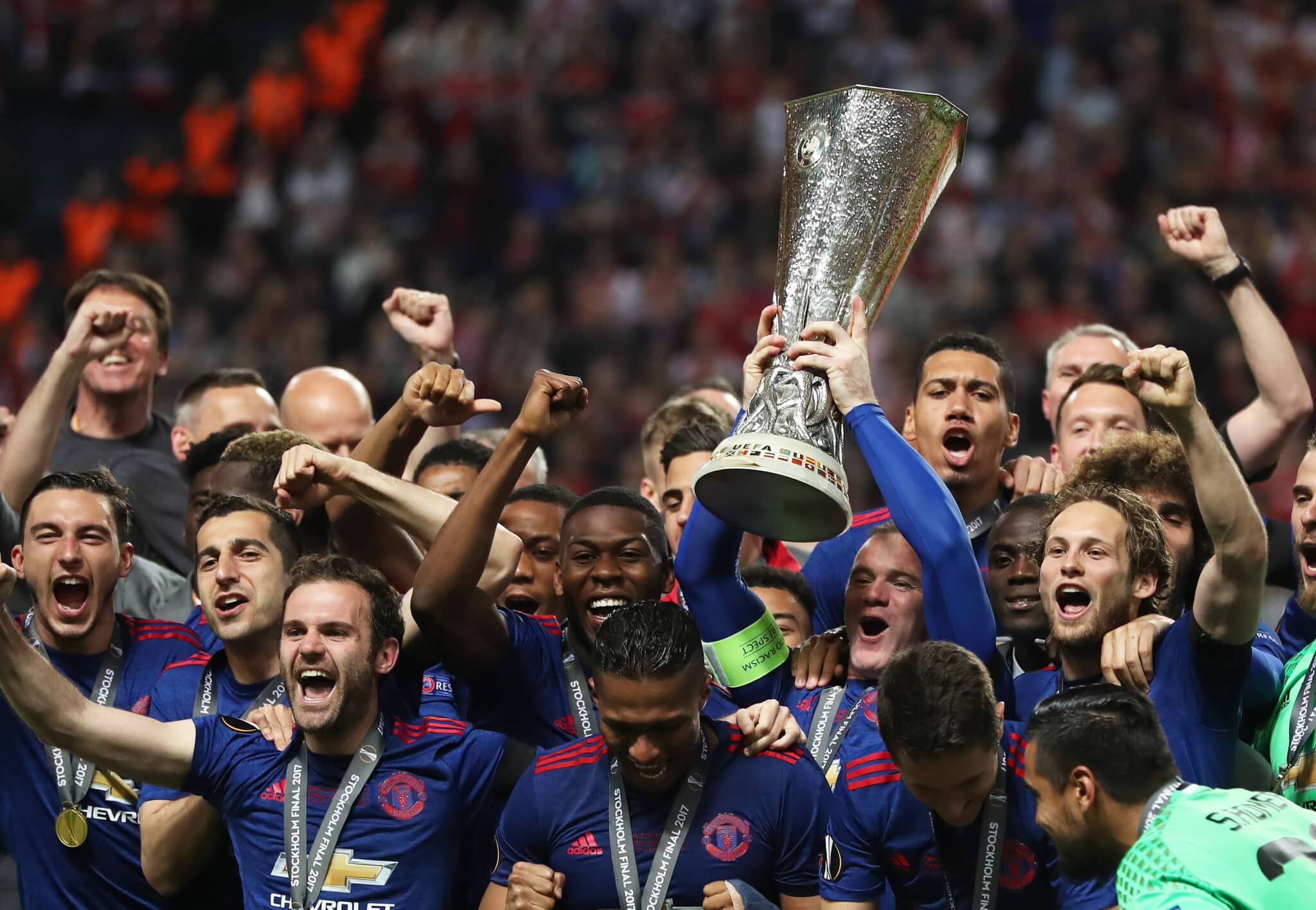 STOCKHOLM, SWEDEN - MAY 24: Wayne Rooney of Manchester United lifts the trophy during the UEFA Europa League Final match between Ajax and Manchester United at Friends Arena on May 24, 2017 in Stockholm, Sweden.