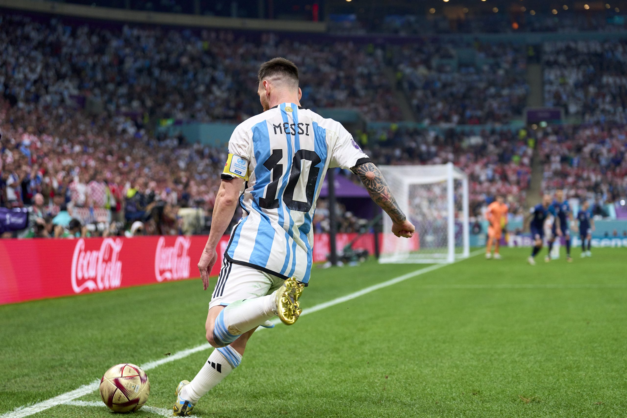 Football Legend: Lionel Messi of Argentina in action during the FIFA World Cup Qatar 2022 semi final match between Argentina and Croatia at Lusail Stadium on December 13, 2022 in Lusail City, Qatar.