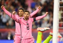 FOXBOROUGH, MASSACHUSETTS - APRIL 27: Luis Suárez #9 and Lionel Messi #10 of Inter Miami celebrate the goal of Benjamin Cremaschi #30 during the second half in the game against the New England Revolution at Gillette Stadium on April 27, 2024 in Foxborough, Massachusetts.
