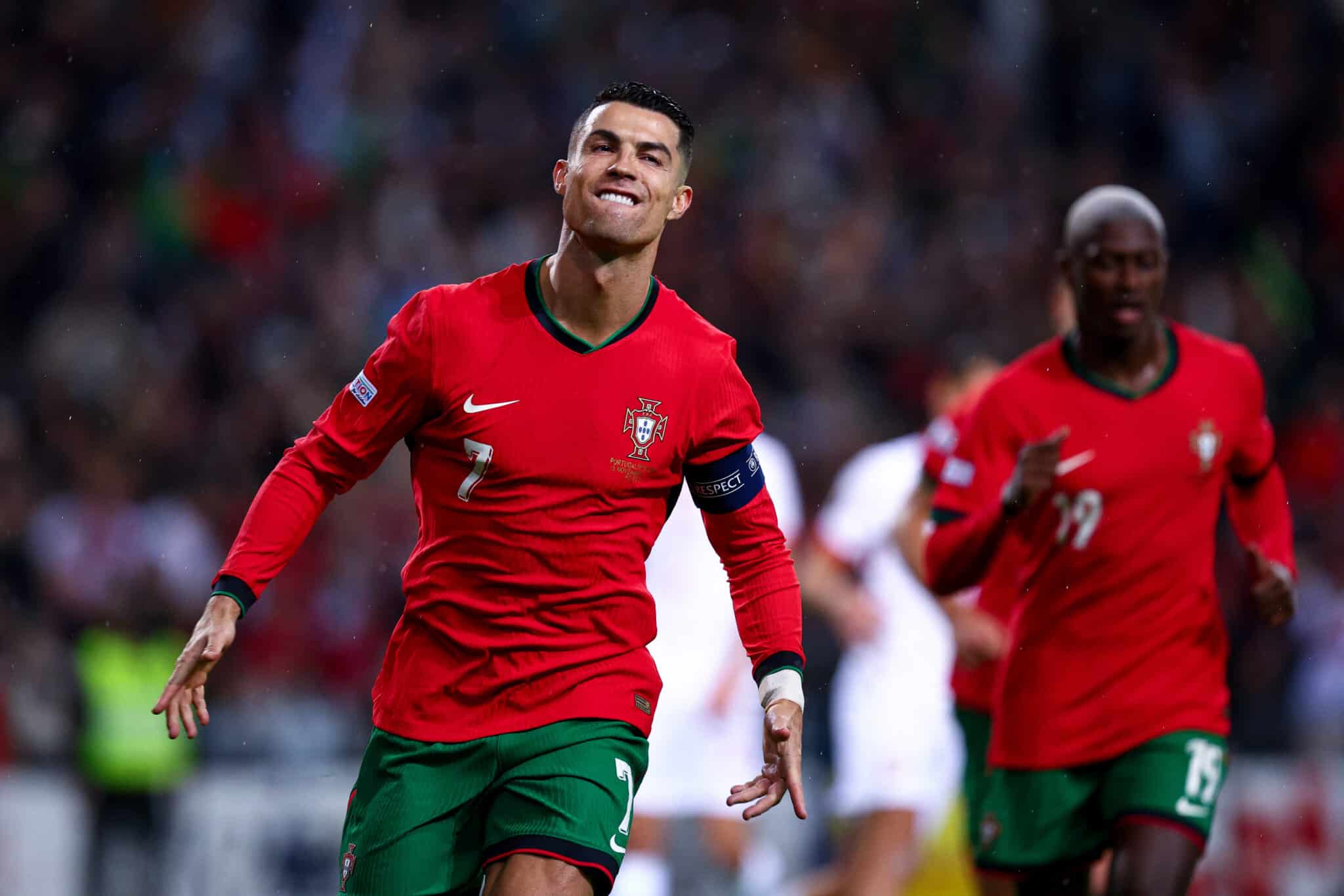 PORTO, PORTUGAL - NOVEMBER 15: Cristiano Ronaldo of Portugal celebrates after scoring his team's second goal during the UEFA Nations League 2024/25 League A Group A1 match between Portugal and Poland at Estádio do Dragão on November 15, 2024 in Porto, Portugal.