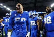 DETROIT, MICHIGAN - JANUARY 18: Offensive tackle Penei Sewell #58 of the Detroit Lions gives a speech in the team huddle prior to the NFC Divisional Playoff game against the Washington Commanders, at Ford Field on January 18, 2025 in Detroit, Michigan.
