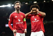 MANCHESTER, ENGLAND - MARCH 13: Bruno Fernandes of Manchester United celebrates scoring his team's first goal from the penalty spot during the UEFA Europa League 2024/25 Round of 16 Second Leg match between Manchester United and Real Sociedad de Futbol at Old Trafford on March 13, 2025 in Manchester, England.