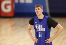 CHICAGO, ILLINOIS - MAY 13: Cooper Flagg #51 looks on during the 2025 NBA Draft Combine at Wintrust Arena on May 13, 2025 in Chicago, Illinois.