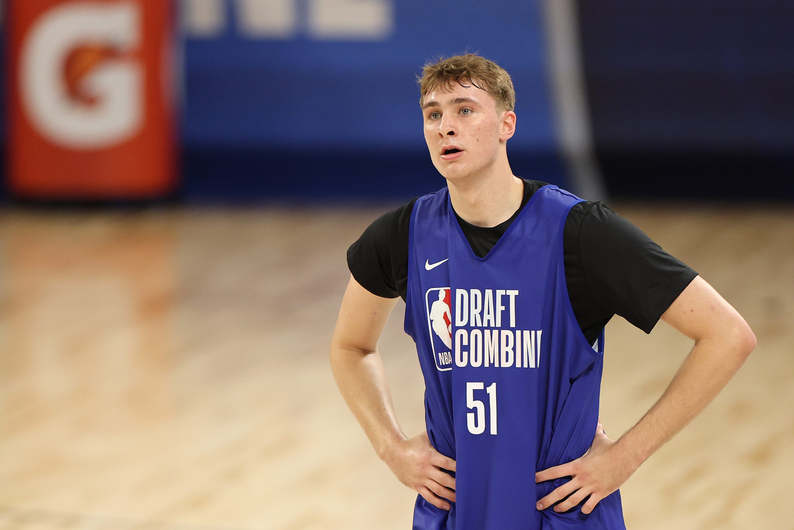 CHICAGO, ILLINOIS - MAY 13: Cooper Flagg #51 looks on during the 2025 NBA Draft Combine at Wintrust Arena on May 13, 2025 in Chicago, Illinois.
