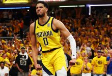 Tyrese Haliburton #0 of the Indiana Pacers celebrates a basket against the New York Knicks during the second quarter in Game Six of the Eastern Conference Finals of the 2025 NBA Playoffs