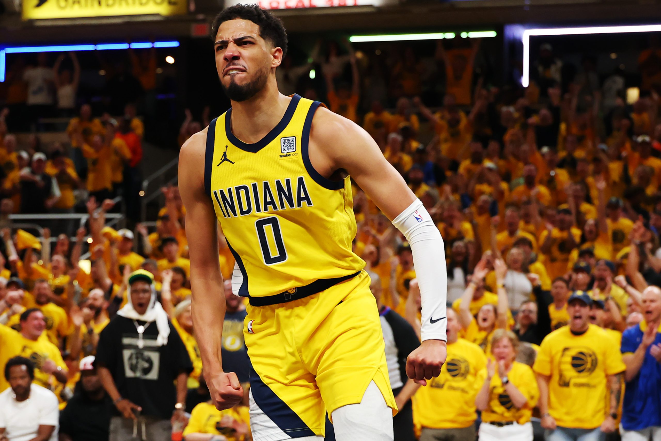 Tyrese Haliburton #0 of the Indiana Pacers celebrates a basket against the New York Knicks during the second quarter in Game Six of the Eastern Conference Finals of the 2025 NBA Playoffs