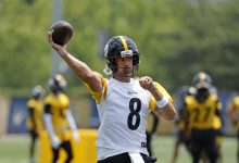 Aaron Rodgers #8 of the Pittsburgh Steelers in action during Minicamp at UPMC Rooney Sports Complex