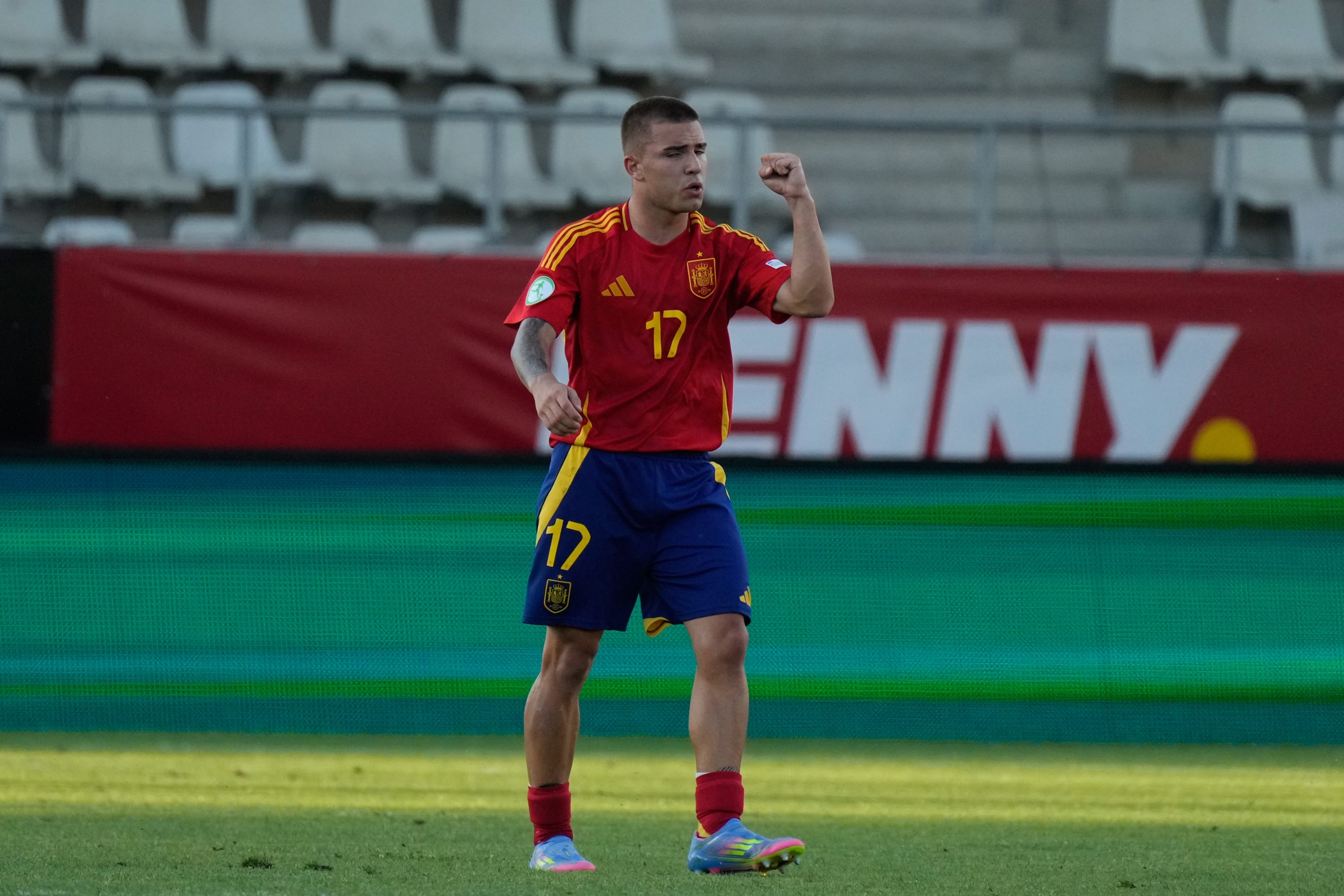 BUCHAREST, ROMANIA - JUNE 23: Pablo Garcia of Spain National Under-19 Football Team completes his hat trick for Spain U19, to make it 3-2 during the Spain vs. Germany: UEFA European Under-19 Championship 2025 Semi-Final match at Stadionul Arcul de Triumf on June 23, 2025 in Bucharest, Romania.