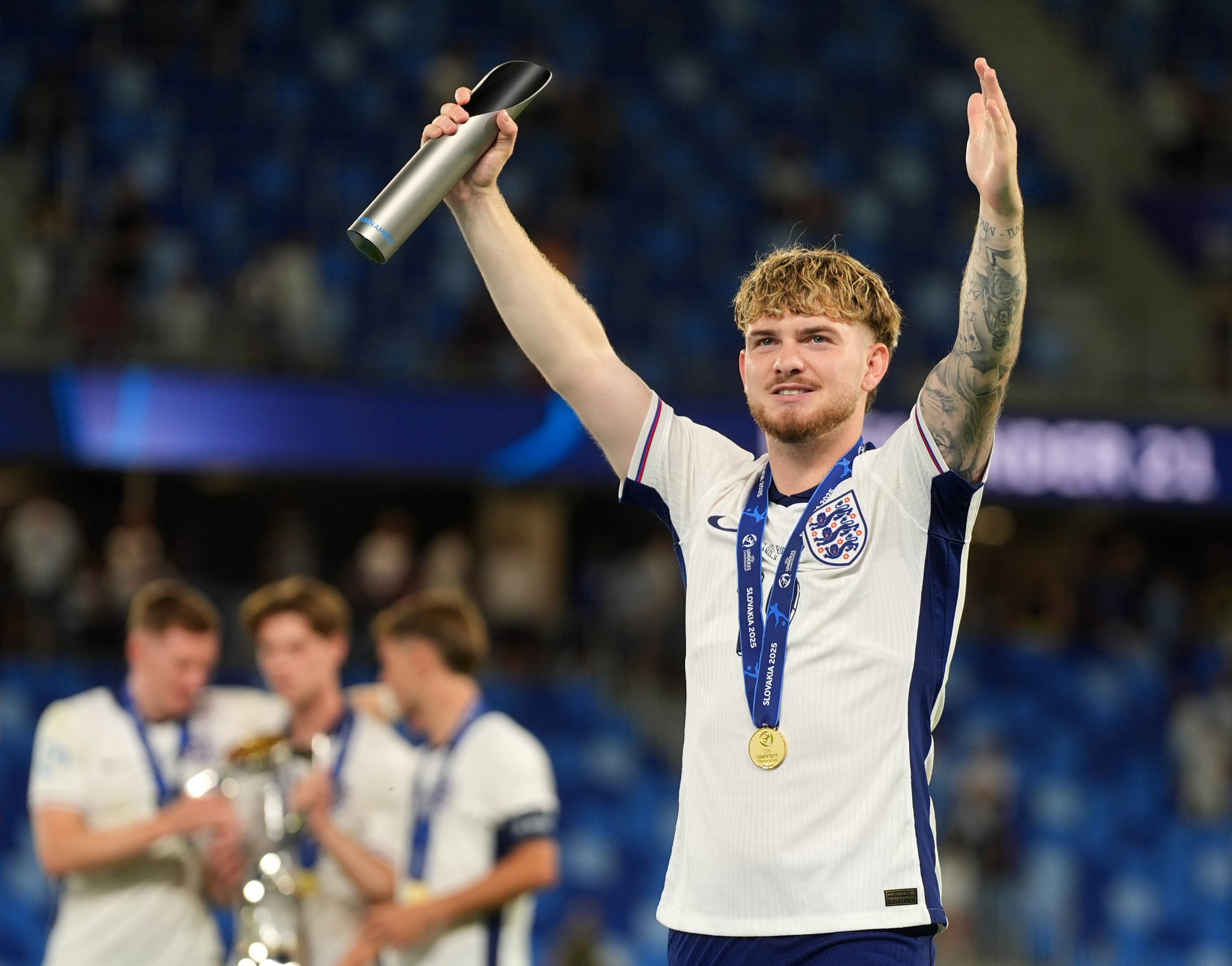 Harvey Elliott of England celebrates with his Player of the Tournament award