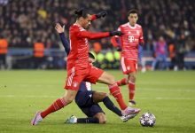 PARIS, FRANCE - FEBRUARY 14: Leroy Sane of Bayern Munich during the UEFA Champions League round of 16 leg one match between Paris Saint-Germain (PSG) and FC Bayern Muenchen (Bayern Munich, Bayern München) at Parc des Princes stadium on February 14, 2023 in Paris, France.
