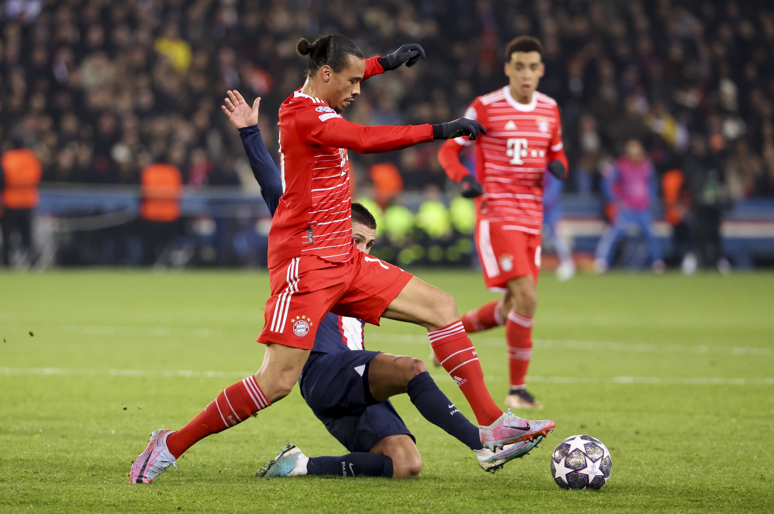 PARIS, FRANCE - FEBRUARY 14: Leroy Sane of Bayern Munich during the UEFA Champions League round of 16 leg one match between Paris Saint-Germain (PSG) and FC Bayern Muenchen (Bayern Munich, Bayern München) at Parc des Princes stadium on February 14, 2023 in Paris, France.