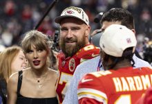 LAS VEGAS, NEVADA - FEBRUARY 11: Travis Kelce #87 of the Kansas City Chiefs and Taylor Swift react as they see Mecole Hardman Jr. #12 of the Kansas City Chiefs following the NFL Super Bowl 58 football game between the San Francisco 49ers and the Kansas City Chiefs at Allegiant Stadium on February 11, 2024 in Las Vegas, Nevada.