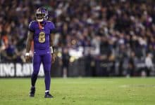 BALTIMORE, MARYLAND - NOVEMBER 7: Lamar Jackson #8 of the Baltimore Ravens looks on during an NFL football game against the Cincinnati Bengals at M&T Bank Stadium on November 7, 2024 in Baltimore, Maryland.