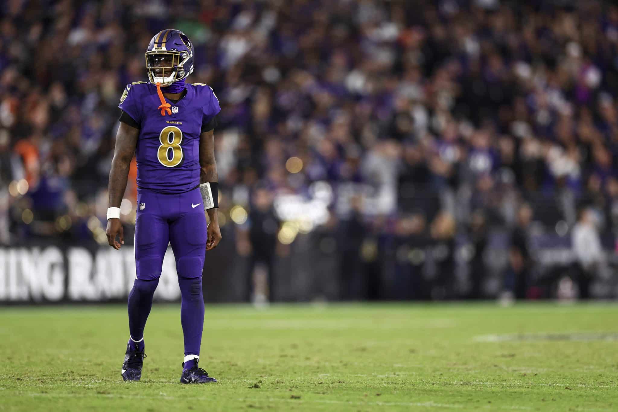 BALTIMORE, MARYLAND - NOVEMBER 7: Lamar Jackson #8 of the Baltimore Ravens looks on during an NFL football game against the Cincinnati Bengals at M&T Bank Stadium on November 7, 2024 in Baltimore, Maryland.