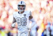 KANSAS CITY, MO - NOVEMBER 29: Maxx Crosby #98 of the Las Vegas Raiders runs across the field during an NFL football game against the Kansas City Chiefs at GEHA Field at Arrowhead Stadium on November 29, 2024 in Kansas City, Missouri.