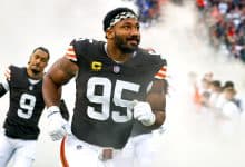 CLEVELAND, OH - DECEMBER 29: Cleveland Browns defensive end Myles Garrett (95) takes the field prior to the National Football League game between the Miami Dolphins and Cleveland Browns on December 29, 2024, at Huntington Bank Field in Cleveland, OH.