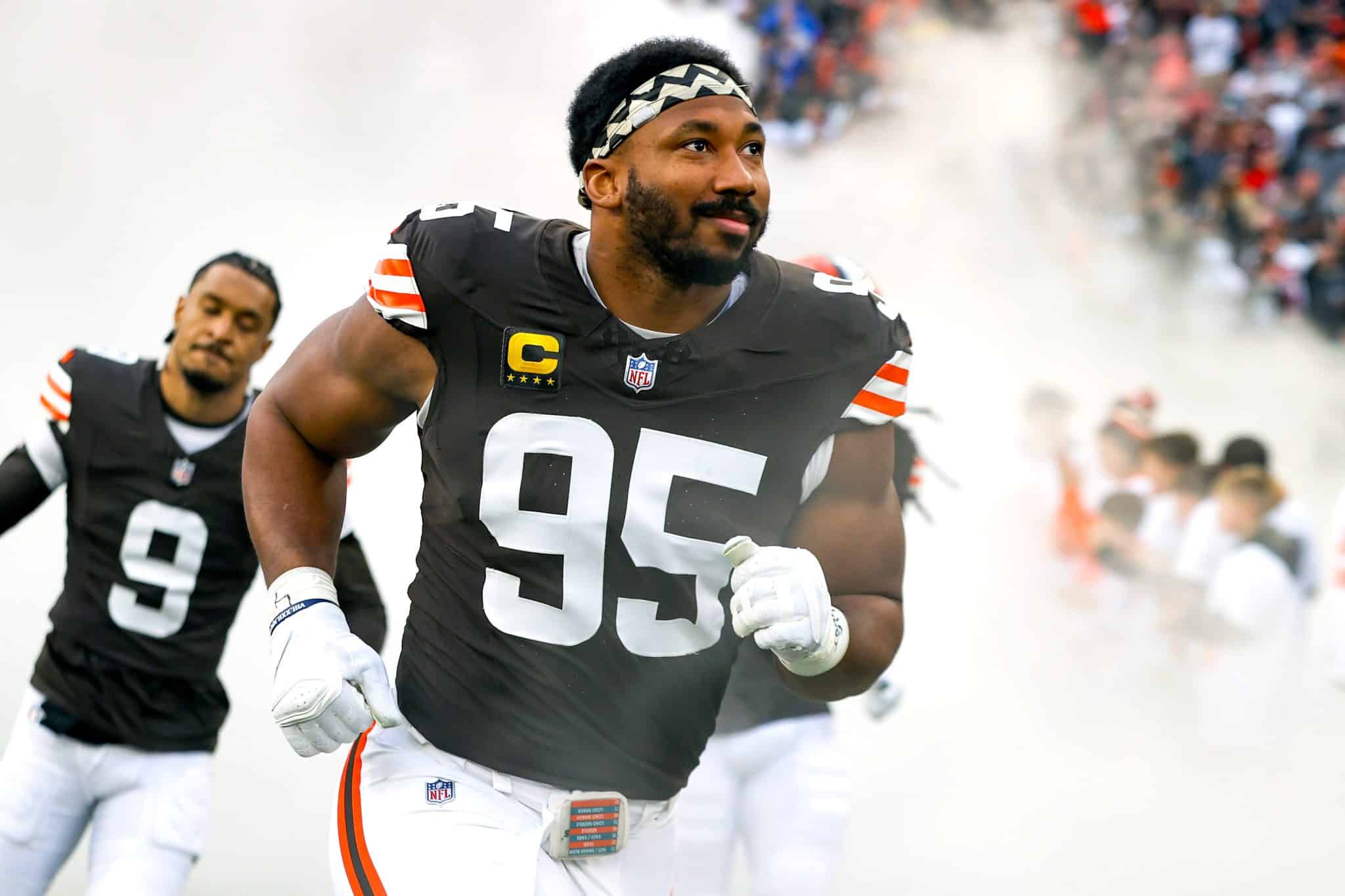 CLEVELAND, OH - DECEMBER 29: Cleveland Browns defensive end Myles Garrett (95) takes the field prior to the National Football League game between the Miami Dolphins and Cleveland Browns on December 29, 2024, at Huntington Bank Field in Cleveland, OH.