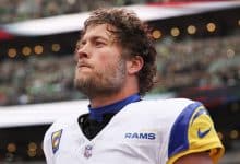 PHILADELPHIA, PENNSYLVANIA - JANUARY 19: Matthew Stafford #9 of the Los Angeles Rams stands for the national anthem prior to the NFC Divisional playoff game against the Philadelphia Eagles at Lincoln Financial Field on January 19, 2025 in Philadelphia, Pennsylvania. The Eagles defeated the Rams 28-22.