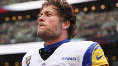 PHILADELPHIA, PENNSYLVANIA - JANUARY 19: Matthew Stafford #9 of the Los Angeles Rams stands for the national anthem prior to the NFC Divisional playoff game against the Philadelphia Eagles at Lincoln Financial Field on January 19, 2025 in Philadelphia, Pennsylvania. The Eagles defeated the Rams 28-22.