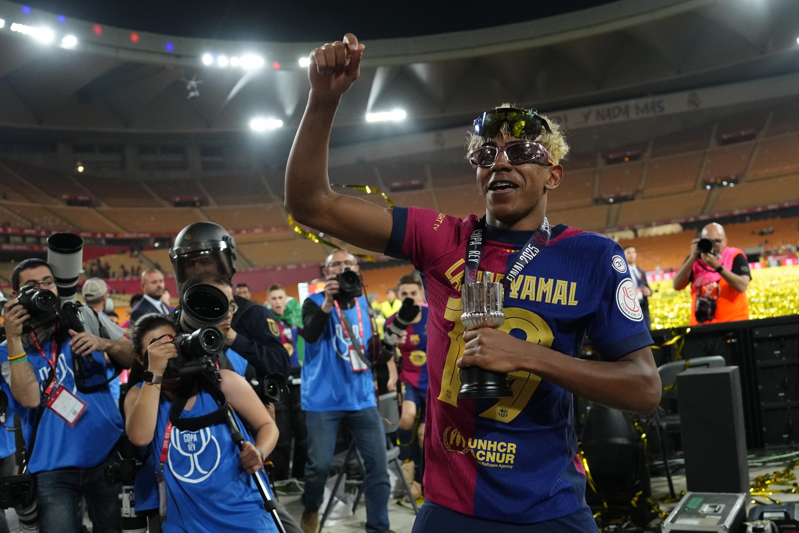 2025/26 - the year of Yamal - Lamine Yamal right winger of Barcelona and Spain celebrates the victory after winning the Copa del Rey Final match between FC Barcelona and Real Madrid at Estadio de La Cartuja on April 26, 2025 in Seville, Spain.
