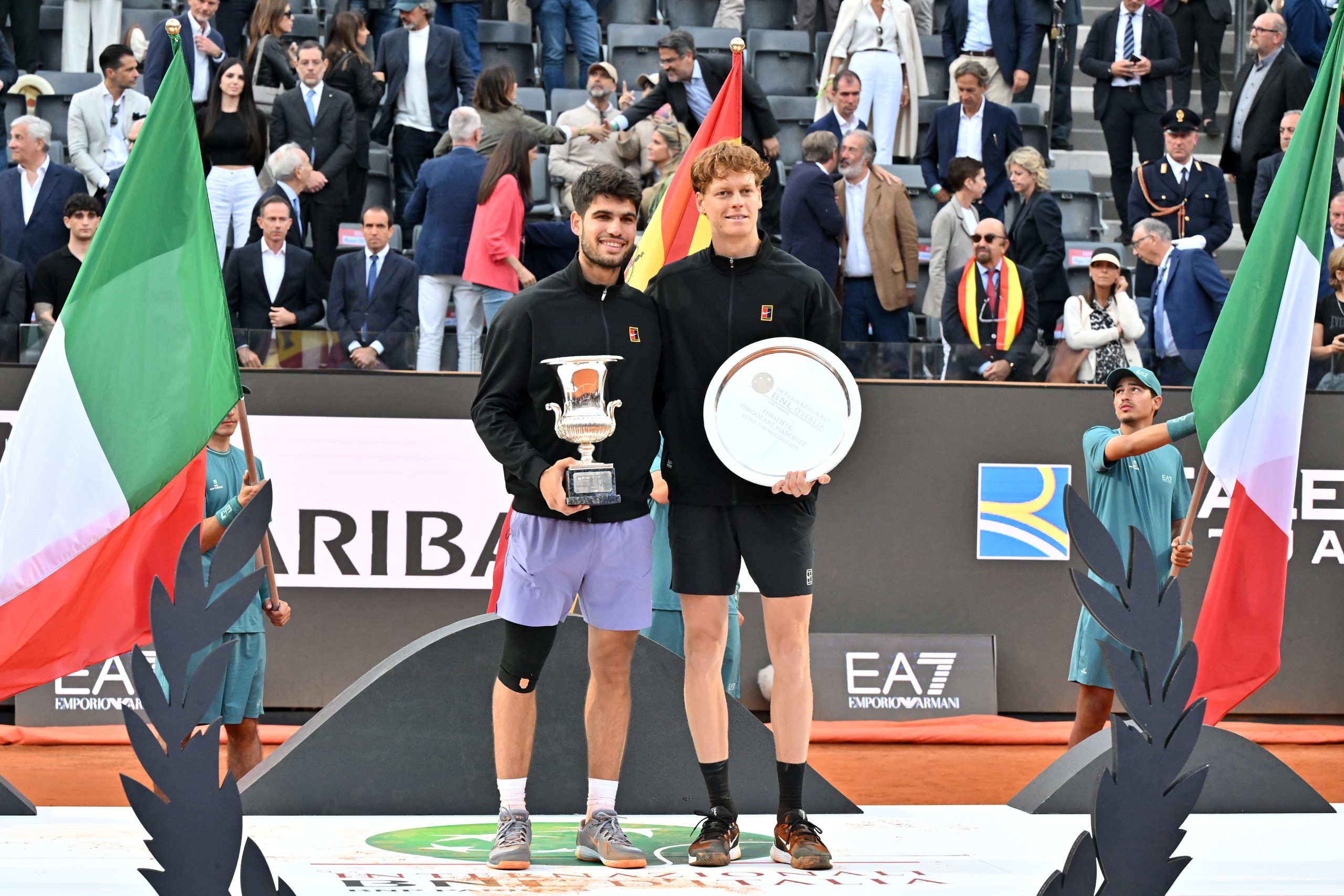 Wimbledon awaits these two legends - ROME, ITALY - MAY 18: Carlos Alcaraz of Spain poses with the trophy as he celebrates victory alongside runner up Jannik Sinner of Italy following the Men's Singles Final match on Day Fourteen of the Internazionali BNL D'Italia 2025 at Foro Italico on May 18, 2025 in Rome, Italy.