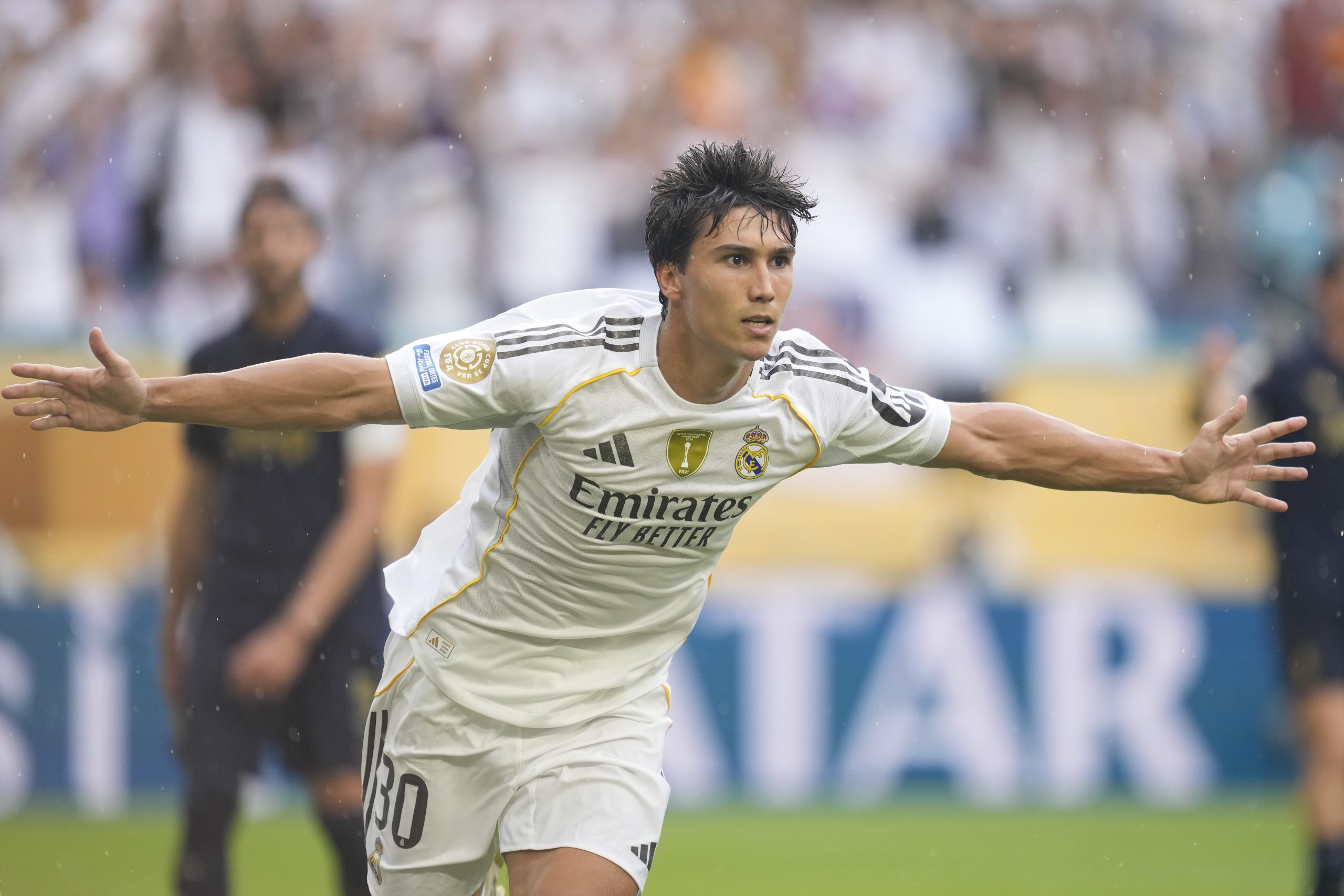 MIAMI GARDENS, FLORIDA - JULY 1: Gonzalo Garcia right winger of Real Madrid and Spain celebrates after scoring his sides first goal during the FIFA Club World Cup 2025 round of 16 match between Real Madrid CF and Juventus Turin at Hard Rock Stadium on July 1, 2025 in Miami Gardens, United States.