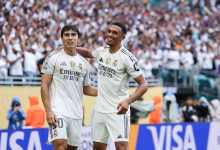 MIAMI GARDENS, FLORIDA - JULY 01: Gonzalo Garcia of Real Madrid C.F. celebrates scoring his team's first goal with Trent Alexander-Arnold of Real Madrid C.F. during the FIFA Club World Cup 2025 round of 16 match between Real Madrid CF and Juventus FC at Hard Rock Stadium on July 01, 2025 in Miami Gardens, Florida.