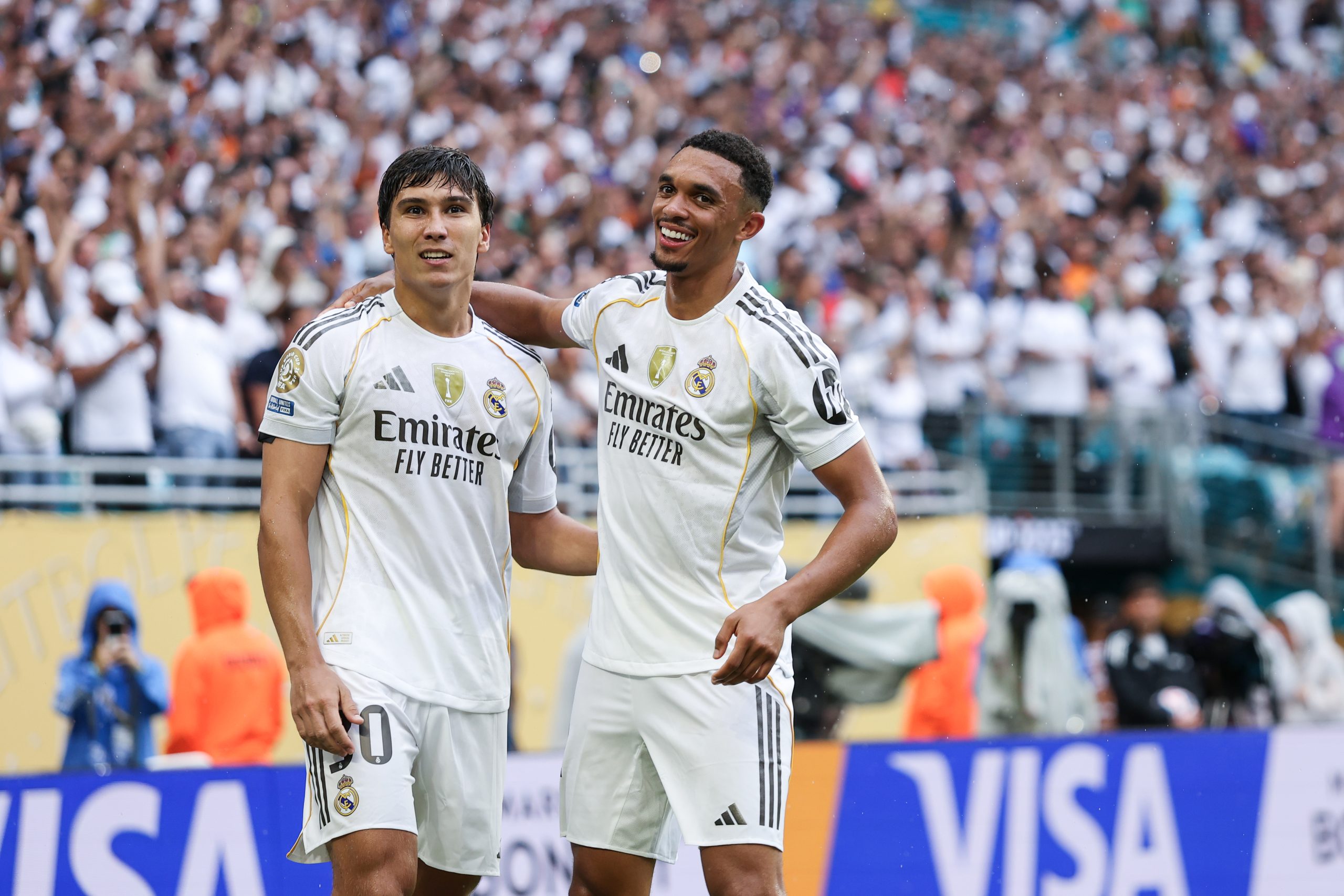MIAMI GARDENS, FLORIDA - JULY 01: Gonzalo Garcia of Real Madrid C.F. celebrates scoring his team's first goal with Trent Alexander-Arnold of Real Madrid C.F. during the FIFA Club World Cup 2025 round of 16 match between Real Madrid CF and Juventus FC at Hard Rock Stadium on July 01, 2025 in Miami Gardens, Florida.