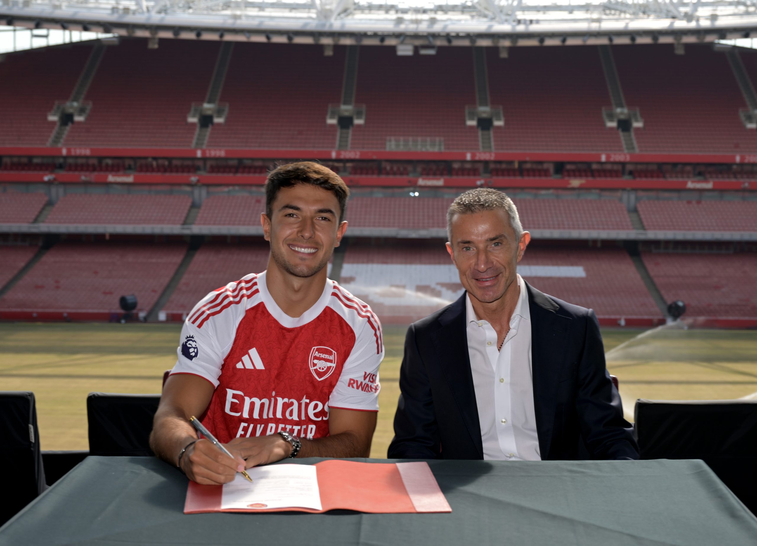 LONDON, ENGLAND - JULY 02: New signing Martin Zubimendi with Arsenal Sporting Director Andrea Berta at Emirates Stadium on July 02, 2025 in London, England.